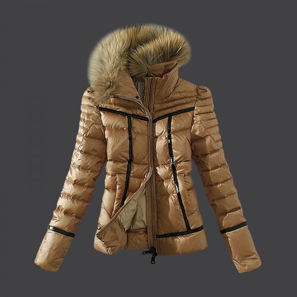 Moncler Donna Giù cappotto collo di pelliccia Khaki Presa M1096